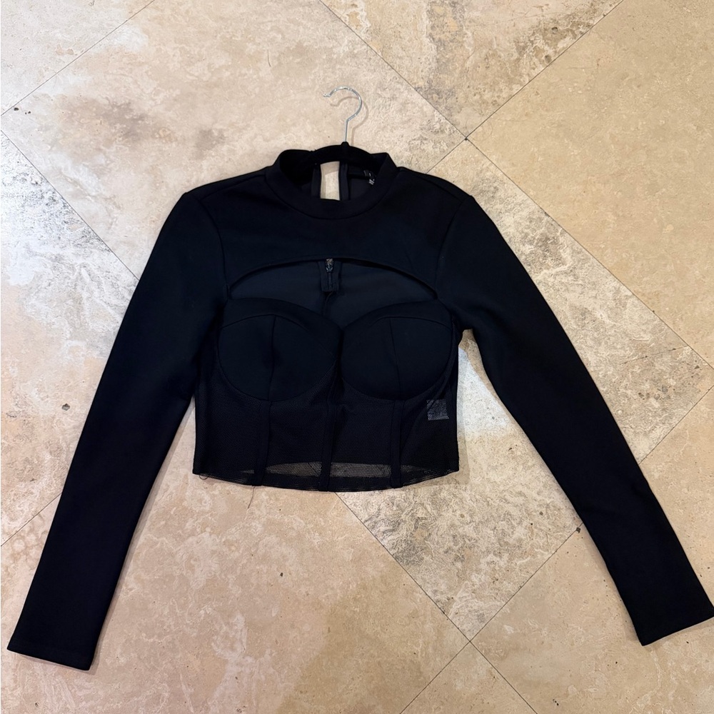 Privy black long sleeve top corset-style bustier crop top
